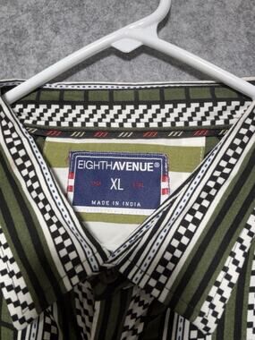 Eighth Avenue Mens XL Button Front Shirt Green Geometric Stripe Long Sleeve